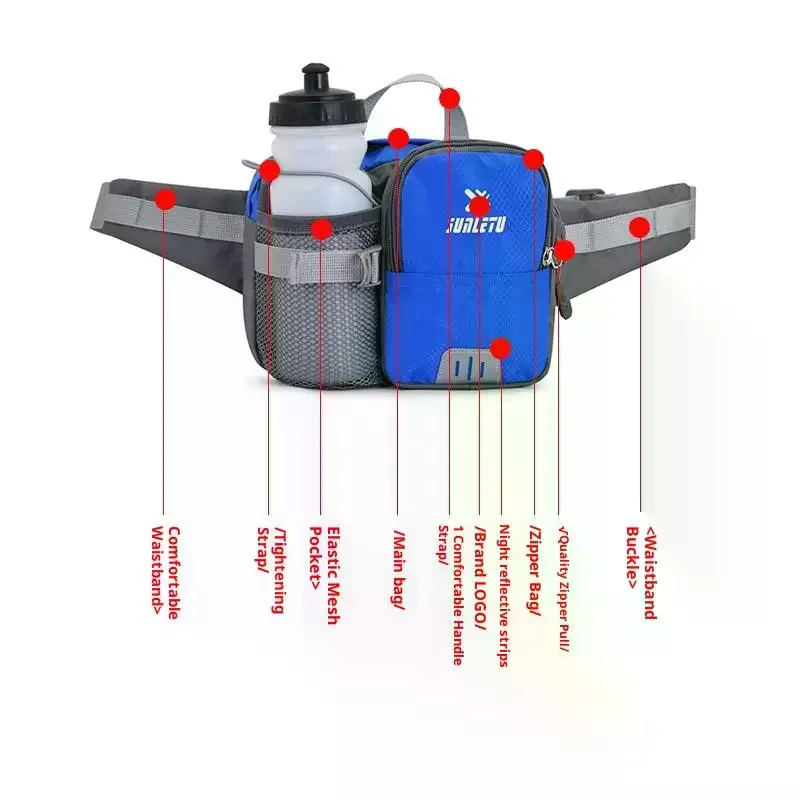 حزمة مراوح قابلة للتعديل مقاومة للماء مع حامل زجاجة وحقيبة الورك وجيوب بسحاب للمشي لمسافات طويلة في الهواء الطلق والجري وركوب الدراجات