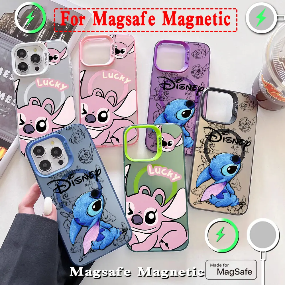 Cartoon Cute Stitch Angel Magsafe Magnetic Phone Case for IPhone 11 12 13 14 15 16 Pro Max Plus Border Silver Plated Cover