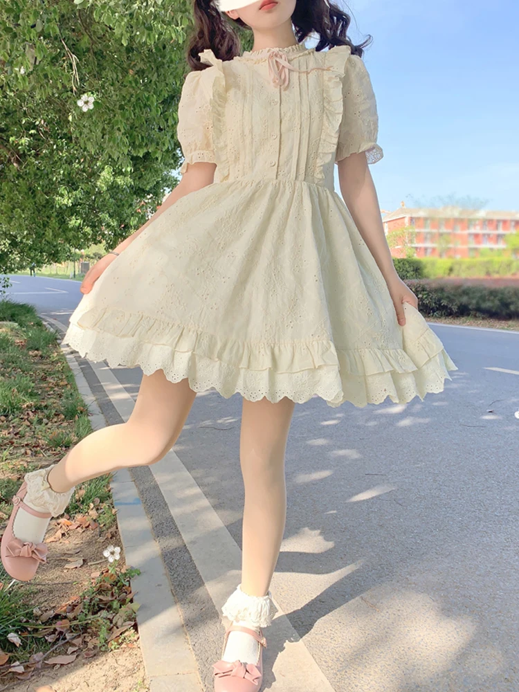 KIMOKOKM Vintage Mori Style Prairie Chic Lolita Ruffled Lace Kawaii Puff Sleeve Bow A-Line Princess Girly Japanese Mini Dress