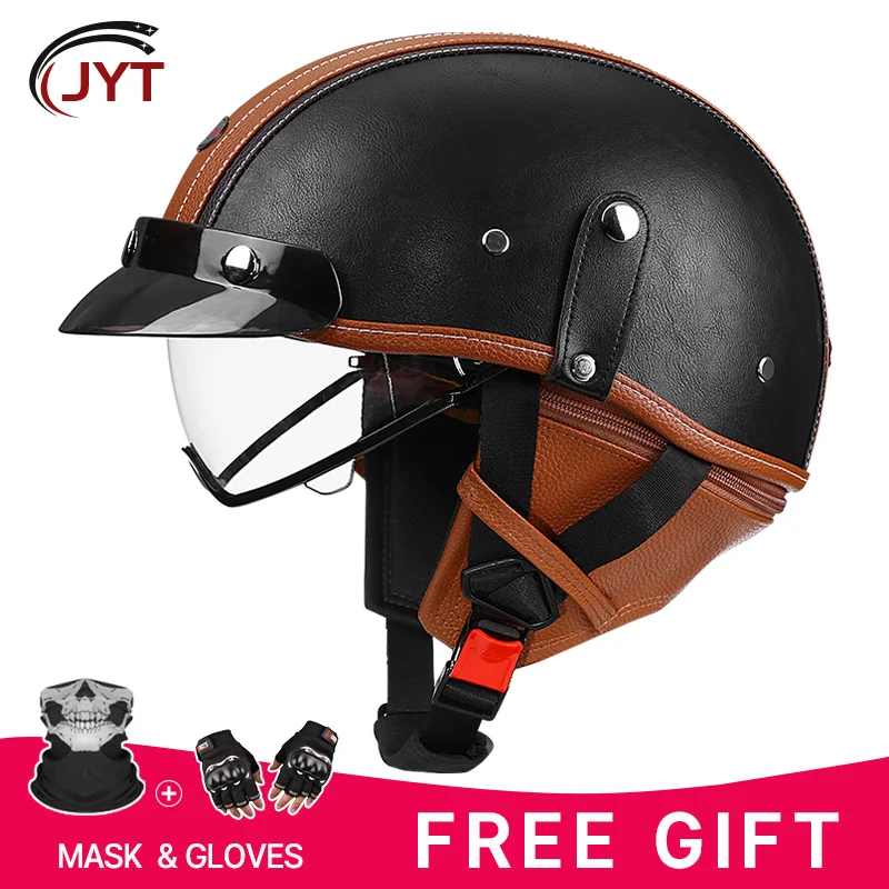 

Retro Men Women motorcycle helmets electric bike warm half helmets safety handmade leather all-season hidden lens ladle helmets
