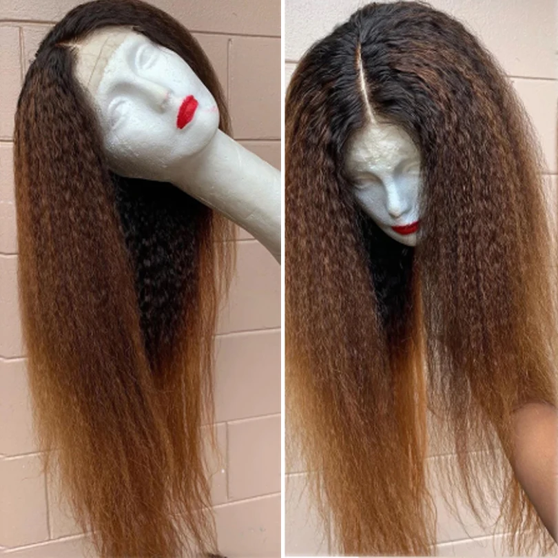 Peluca larga y suave sin pegamento para mujer, pelo de bebé sintético prearrancado, Rubio degradado, Yaki, rizado, liso, frontal de encaje, diario,