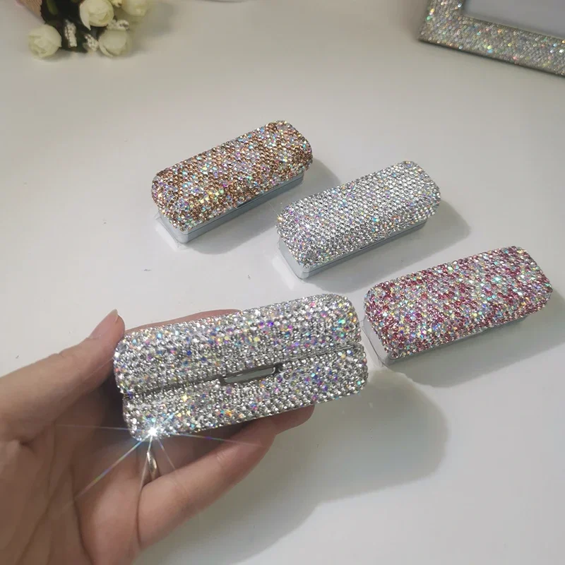 Luxury Rhinestone Lipstick Case With Mirror Lipstick Box Portable Travel Metal Jewelry Box Mini Lipstick Storage Box Girl Gift