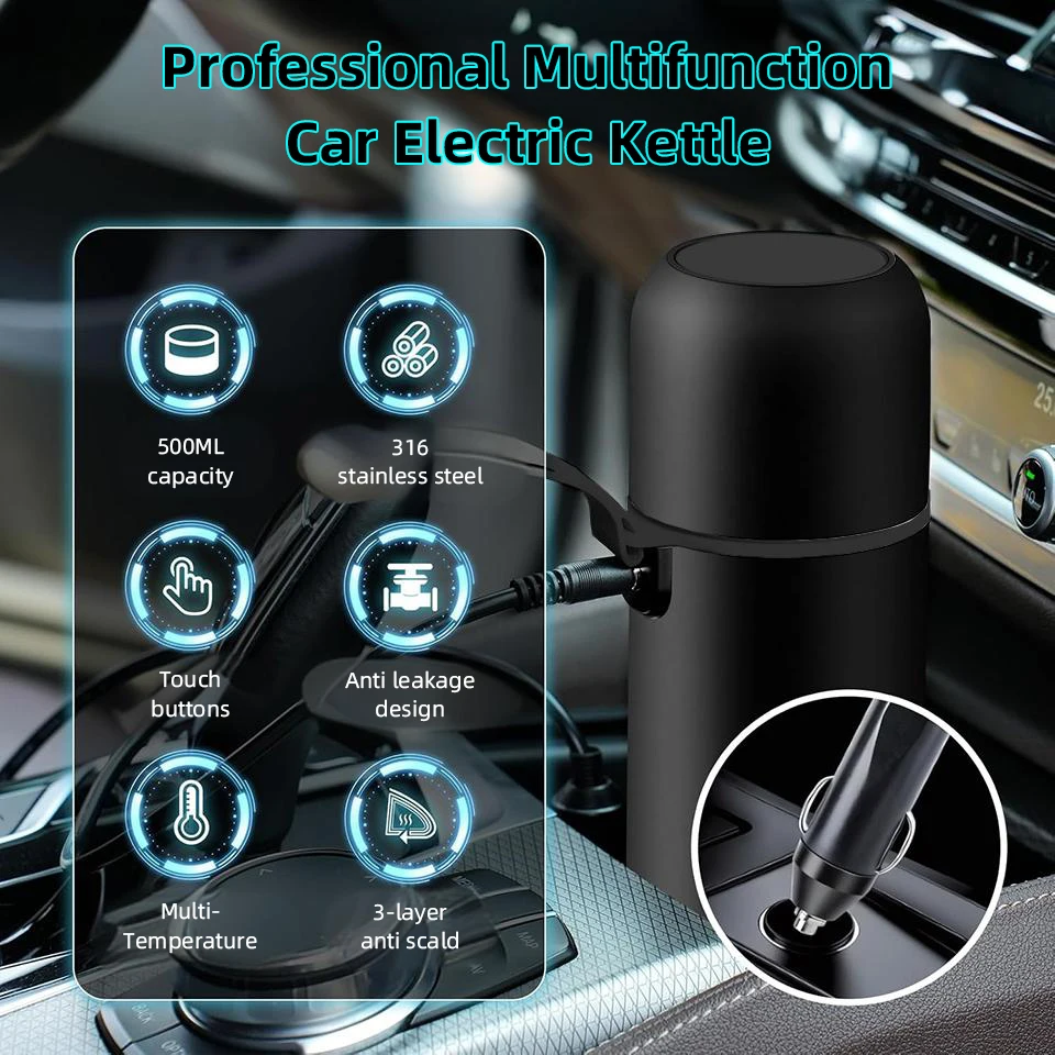 12V/24V Car Heating Cup 500ml Stainless Steel Electric Kettle Smart Temperature Control LCD Display Travel Coffee Mug Warmer