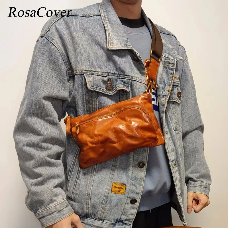 Vintage Men's Chest Bag Vegetable Tanned Top Layer Cowhide Leather Small Sling Bas Casual Fashion Boy's Crossbody Bag For Purse