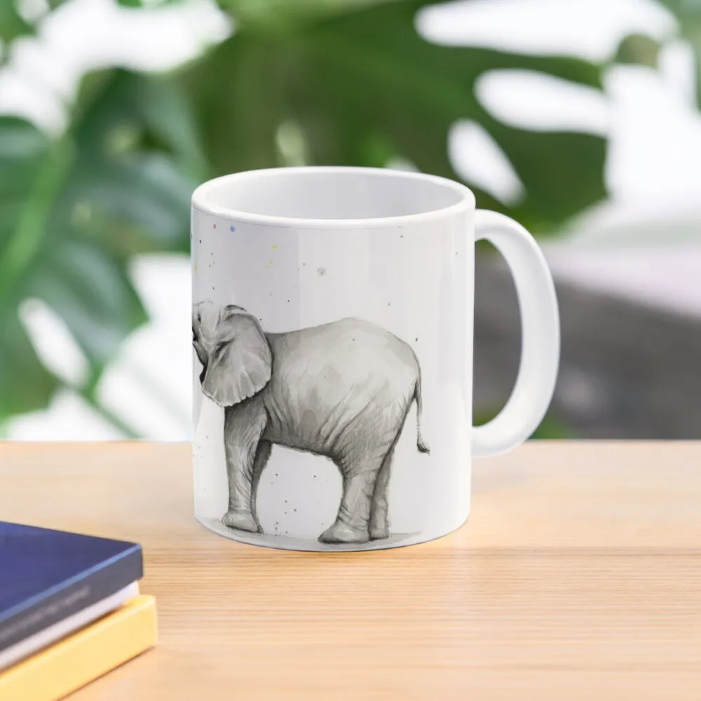 Baby Elephant Spraying Rainbow Classic  Mug Drinkware Image Tea Printed Picture Handle Round Gifts Simple Coffee Photo Cup