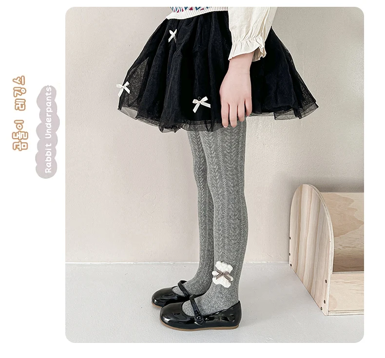 Flauschige Strumpfhose mit Bären- und Schleifendekor, niedliche, verschleißfeste, anti-pilling-Textur für kleine Mädchen, bequeme Leggings aus Stretch-Stoff für den Alltag – Detail 15