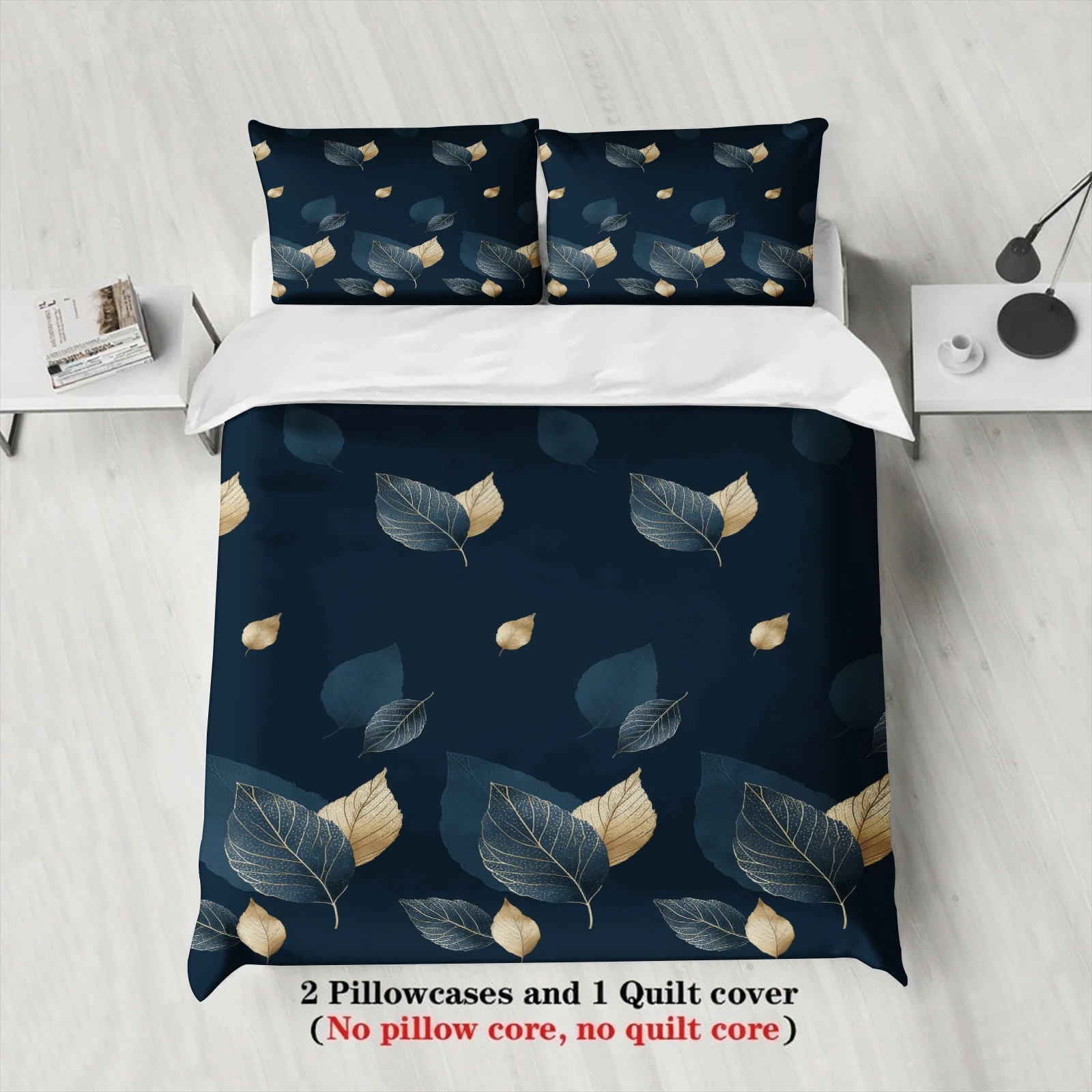 3PCS Duvet Cover Set Dark Blue  Leaf Visual Art 3D Printed Duvet Cover With Pillowcases Single Twin Queen Size Bedding Set