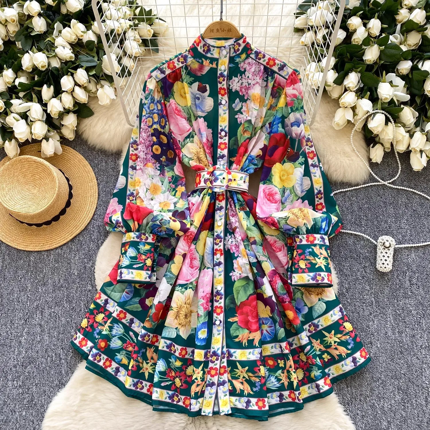 2025 primavera verão pista vestido curto feminino gola longa lanterna manga único breasted floral impressão cinto mini vestidos