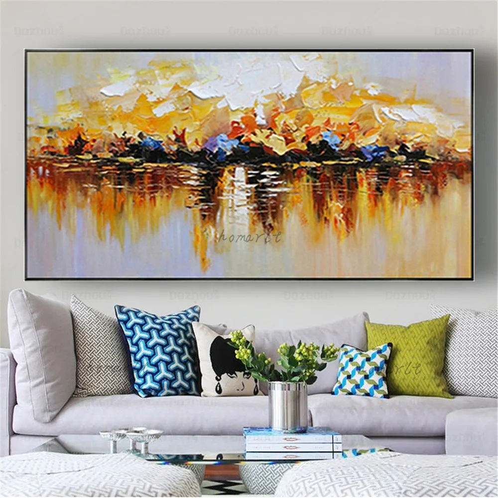 Modern Handmade Bright Yellow Texture Abstract Palette Knife Oil Painting On Canvas Wall Picture Decor Living Room Home Poster