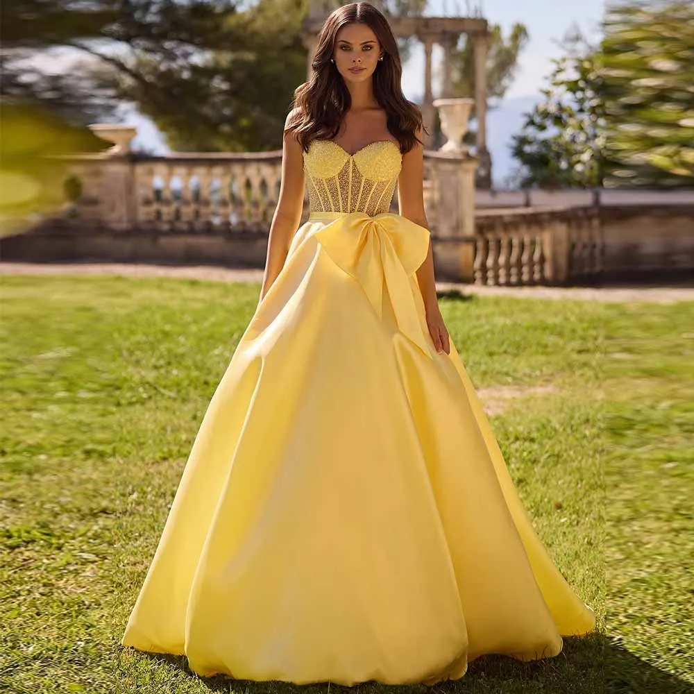 

Elegant Party Dresses Woman 2025 Satin A-line Homecoming Dress Yellow Sweetheart Beads Bow Luxury Evening Dress Long