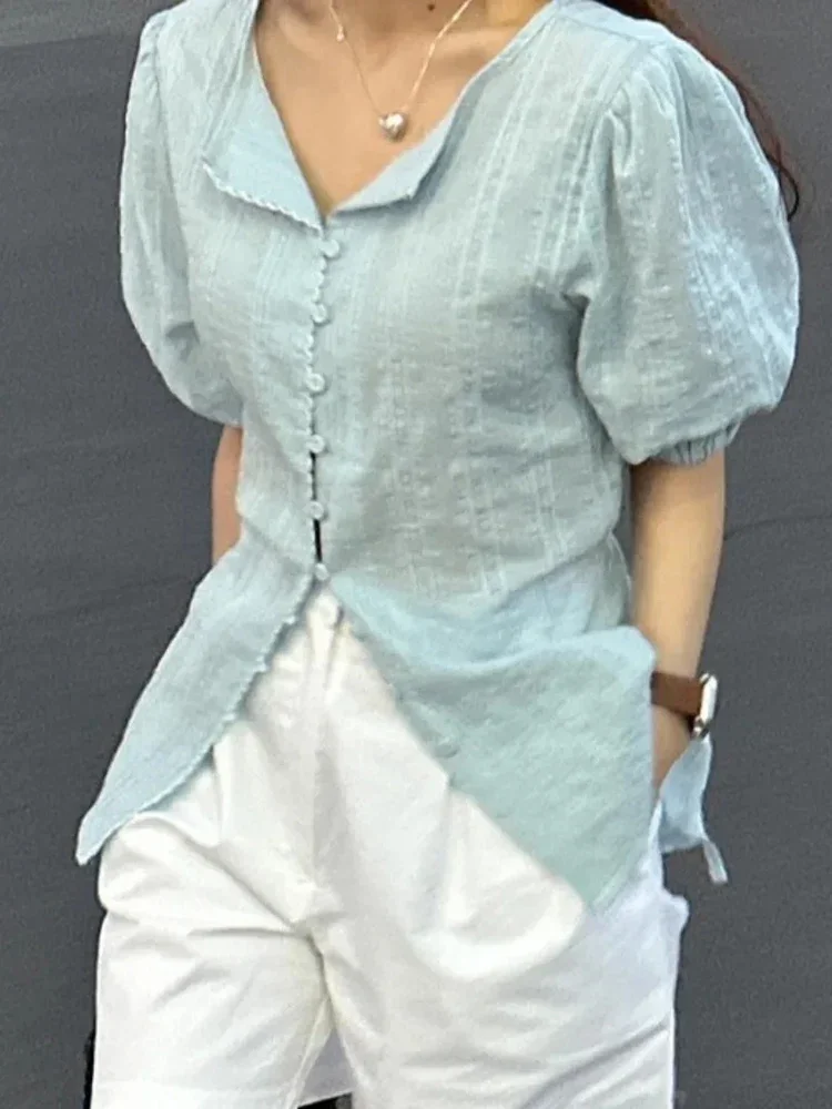 Fashion Solid Color Simple Single Breasted Women Shirt Top New Women's Round Neck Bubble Sleeve Tie Short Sleeve Shirt Summer