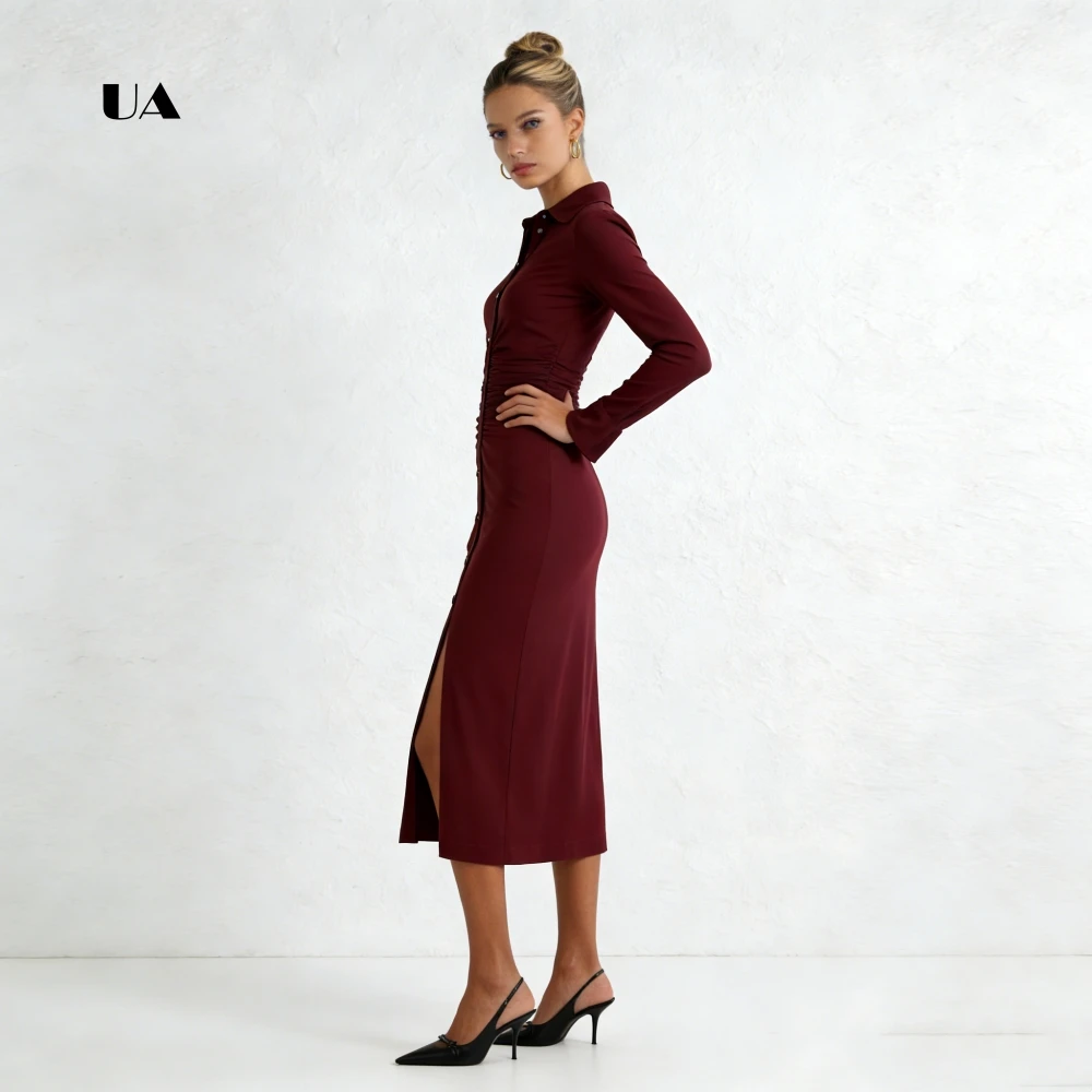 ULBYANRY Abendkleid mit geradem Knopf und langen ausgestellten Ärmeln, solides Abendkleid mit Umlegekragen, einfacher Schlitz, individuelles Partykleid