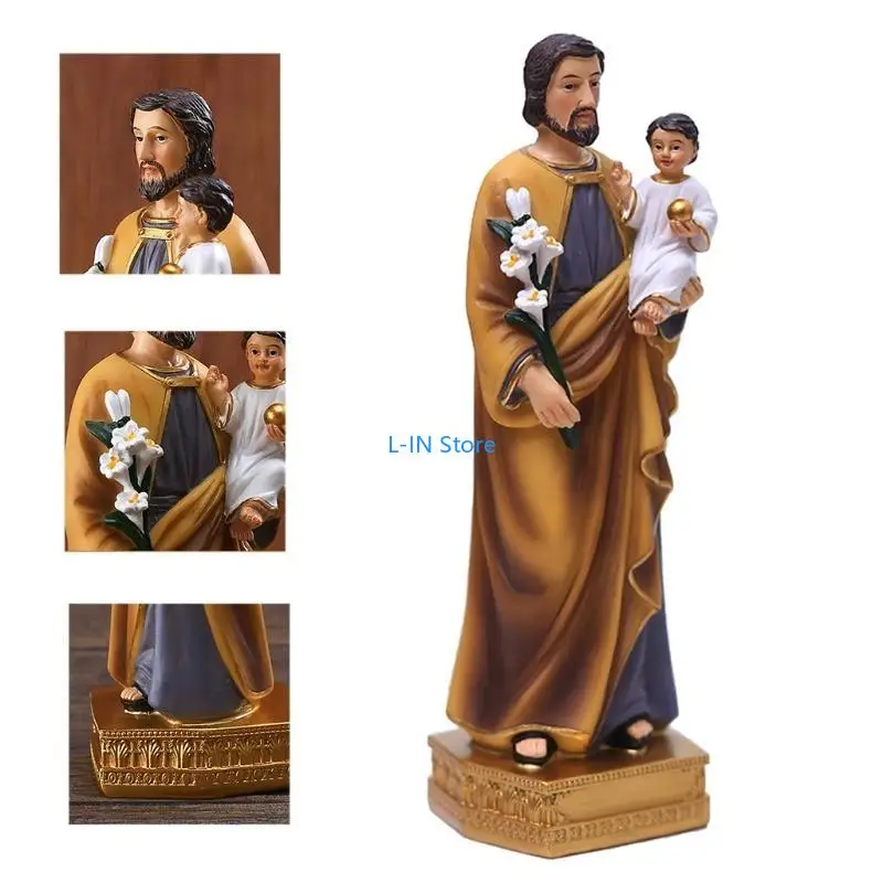 SaintJoseph Holding Baby Jesus Statues Religious Figurines Resin Model Sculpture Desktop Decoration