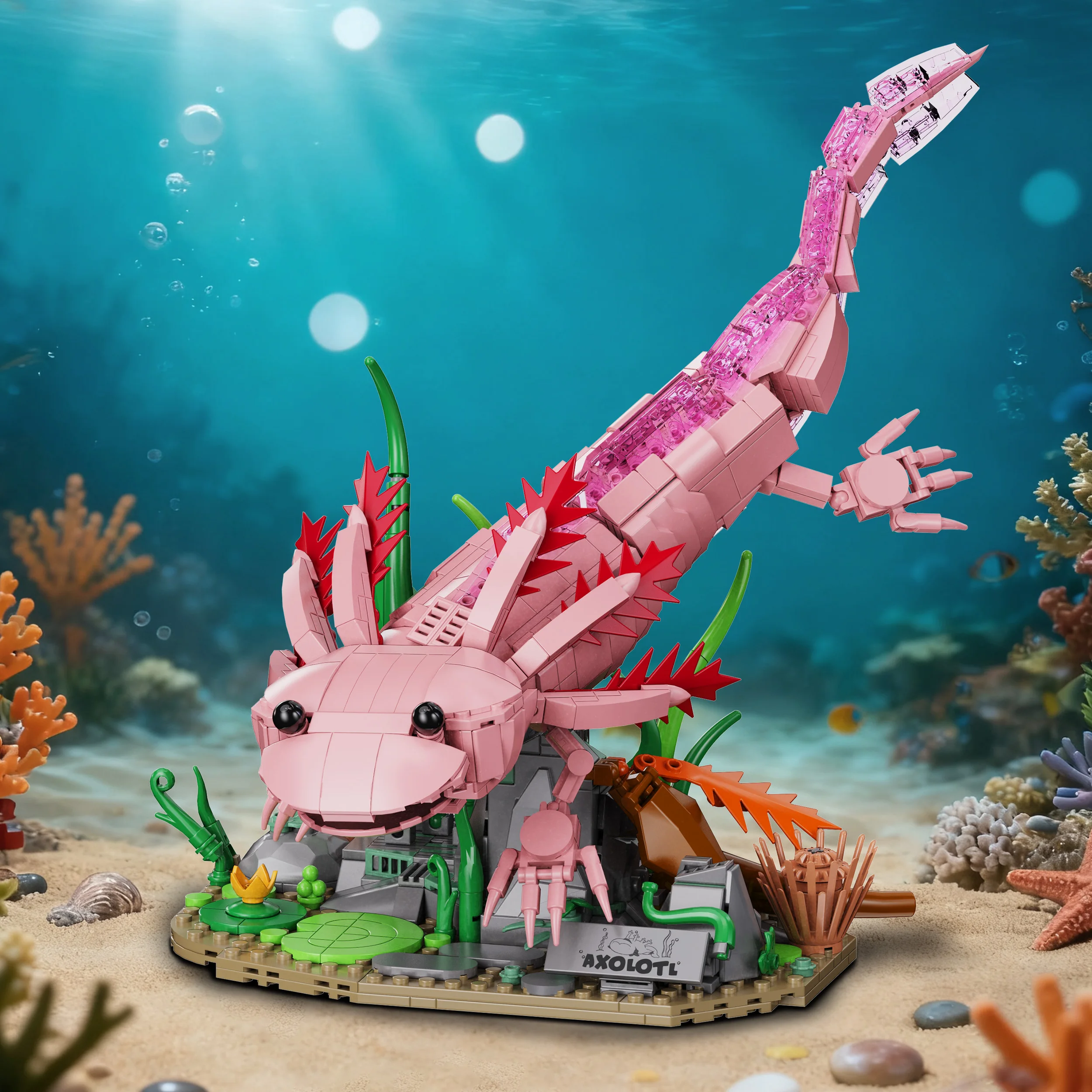 

Axolotl dinosaur building block assembly, animal series model ornaments, suitable for hobbyists, collectors, and gifts.