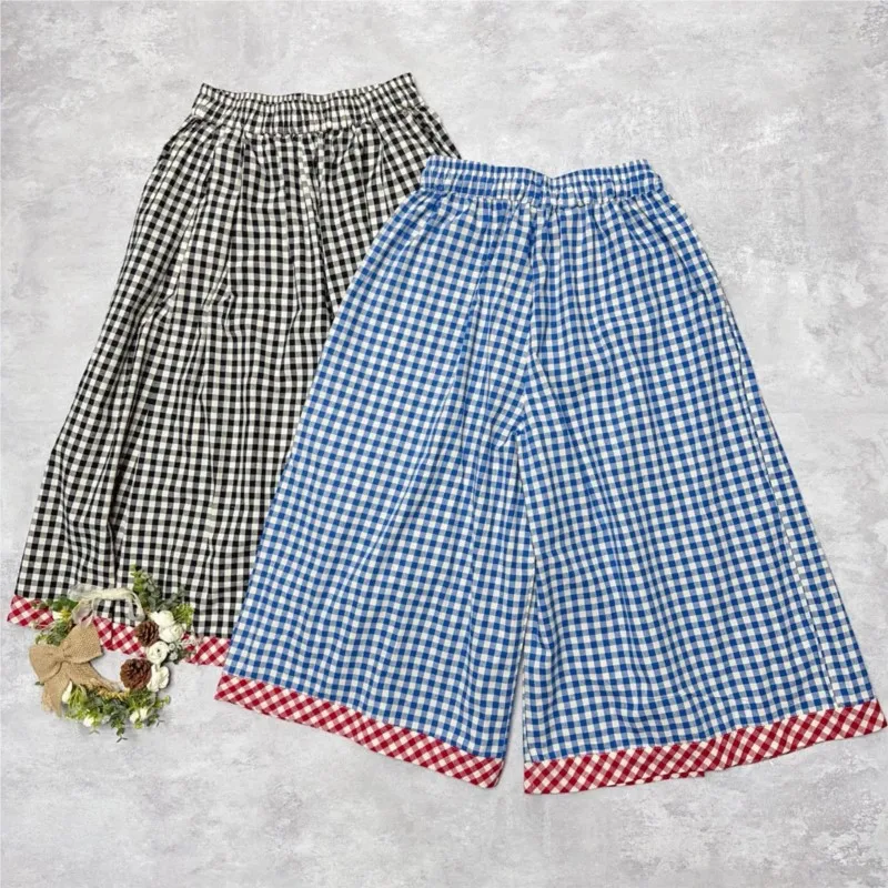 Johnature Japanese Elasticated Waist Plaid Color-blocked Pants Sweet Loose Summer Thin Casual Women Wide-leg Pants