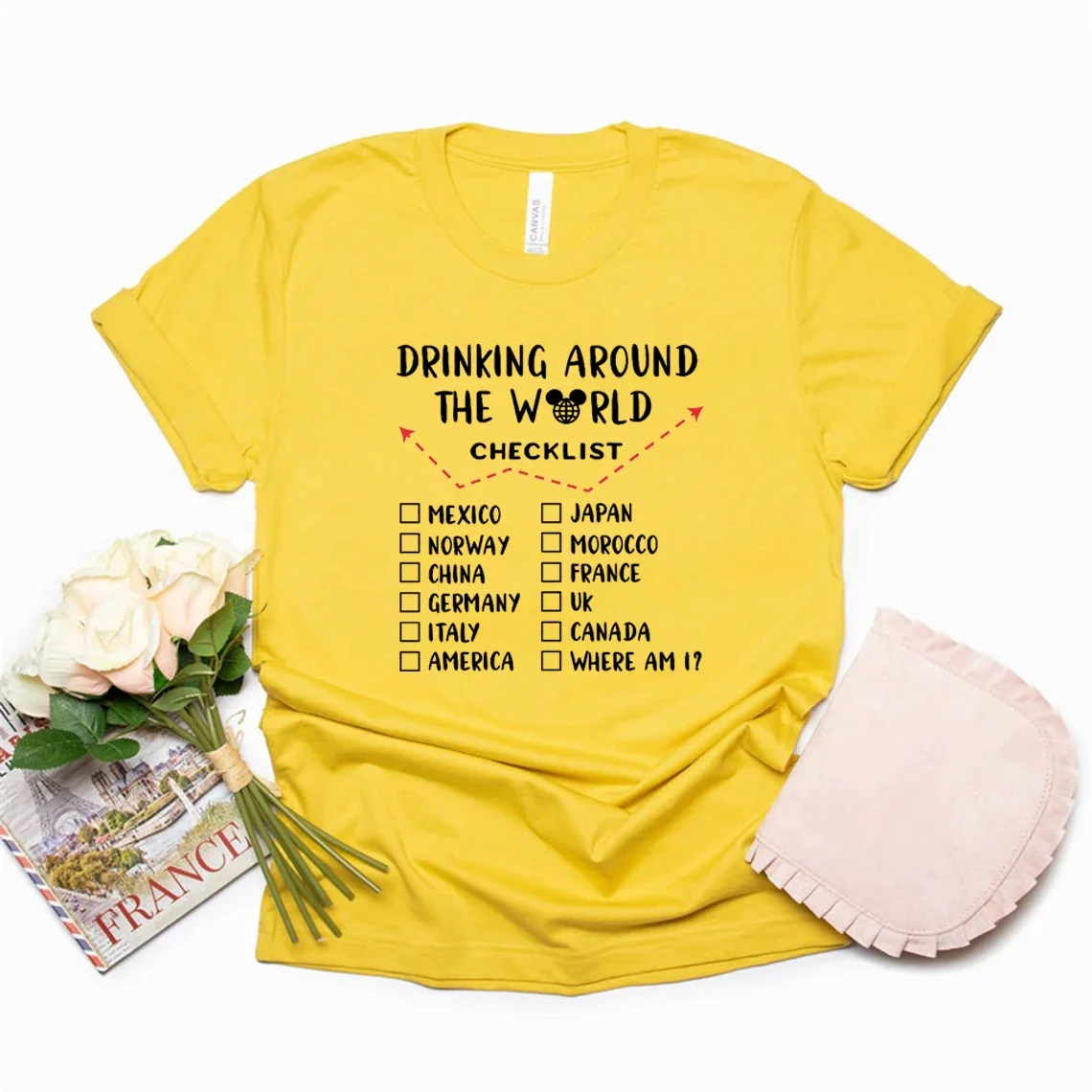 

Unisex T Shirt Drinking Around The World Checklist T-Shirt Epcot Drinking Wine and Food T Shirts Short Sleeve Tees Casual Tops