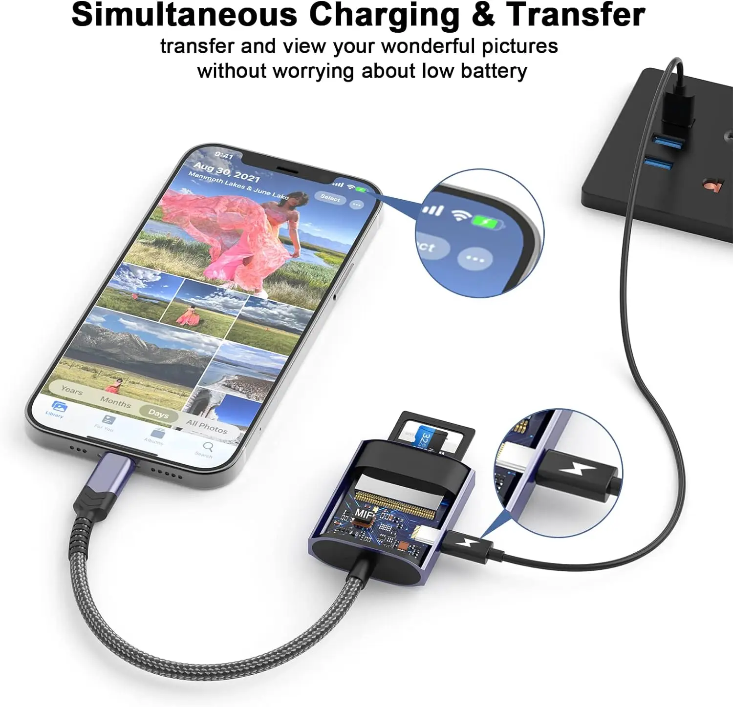 Lightning naar SD-kaartlezer voor iPhone, 3-in-1 hoge snelheid micro-geheugenkaart, oplaadadapter, trackingsgamecamera, SD-kaartvie