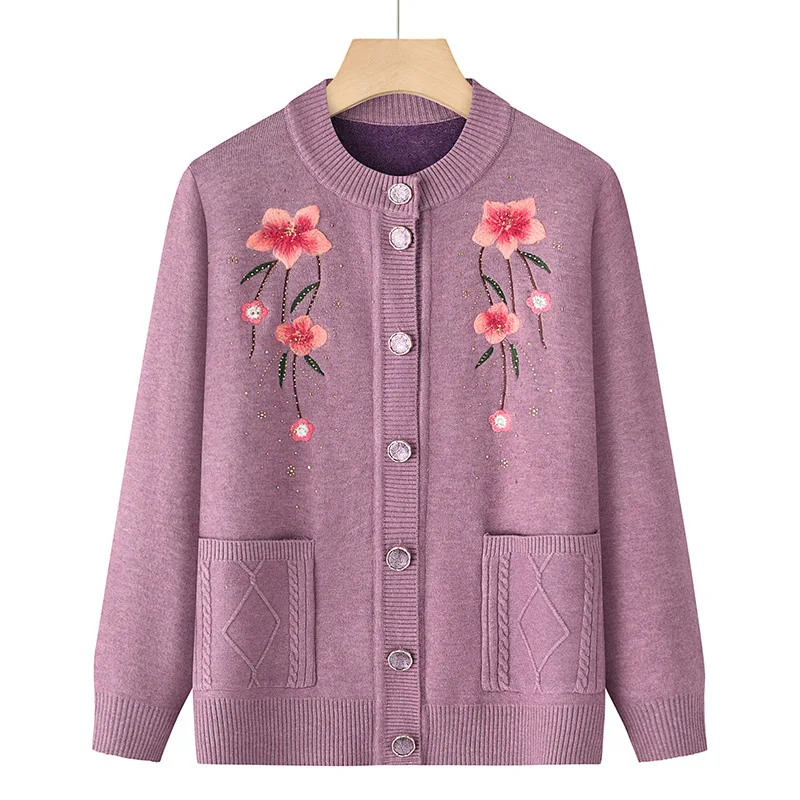 Cárdigan de lana de una pieza para mujer, suéter, chaqueta de mediana edad, ropa cálida bordada para madre, suéter de punto con cuello redondo, Tops de invierno