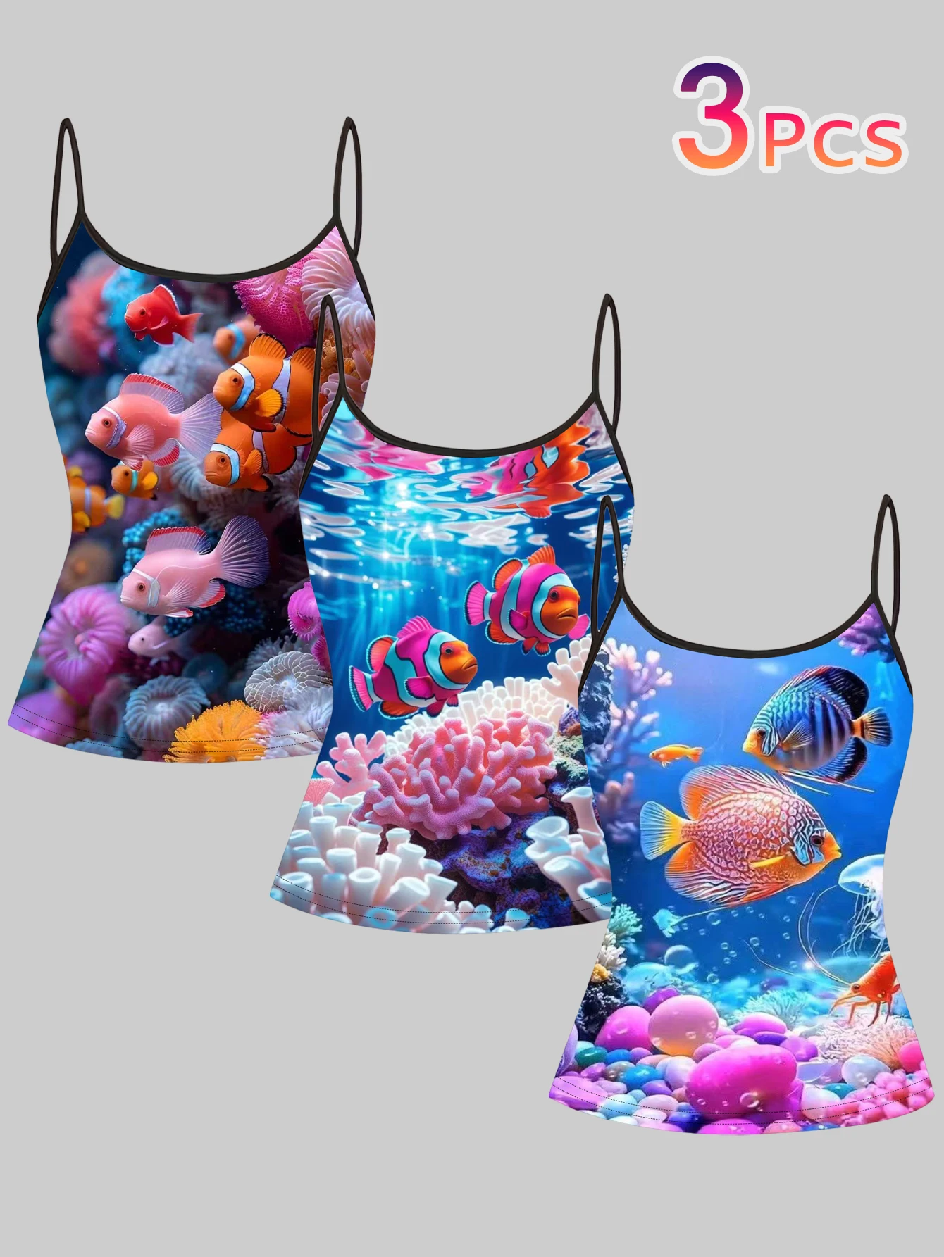 3-Pack of Women's Camisoles with Coral and Tropical Fish Prints, Fresh Ocean Style Digital Print Slim-Fit Sleeveless Inner Tops
