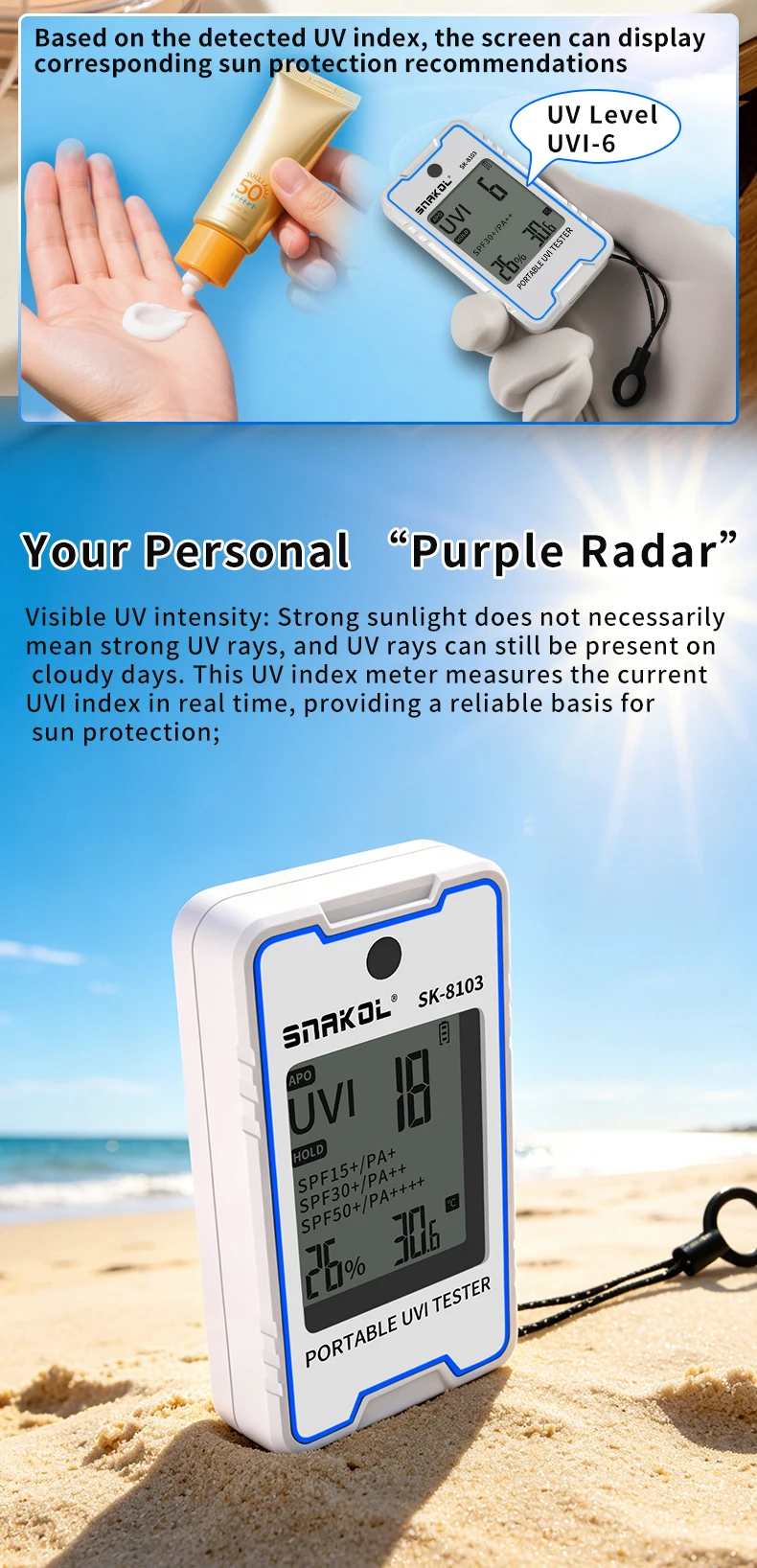 SNAKOL SK-8103 Digital UV Illuminometer Professional UV Light Meter Portable UV Tester Ultraviolet with Temp Humidity Display
