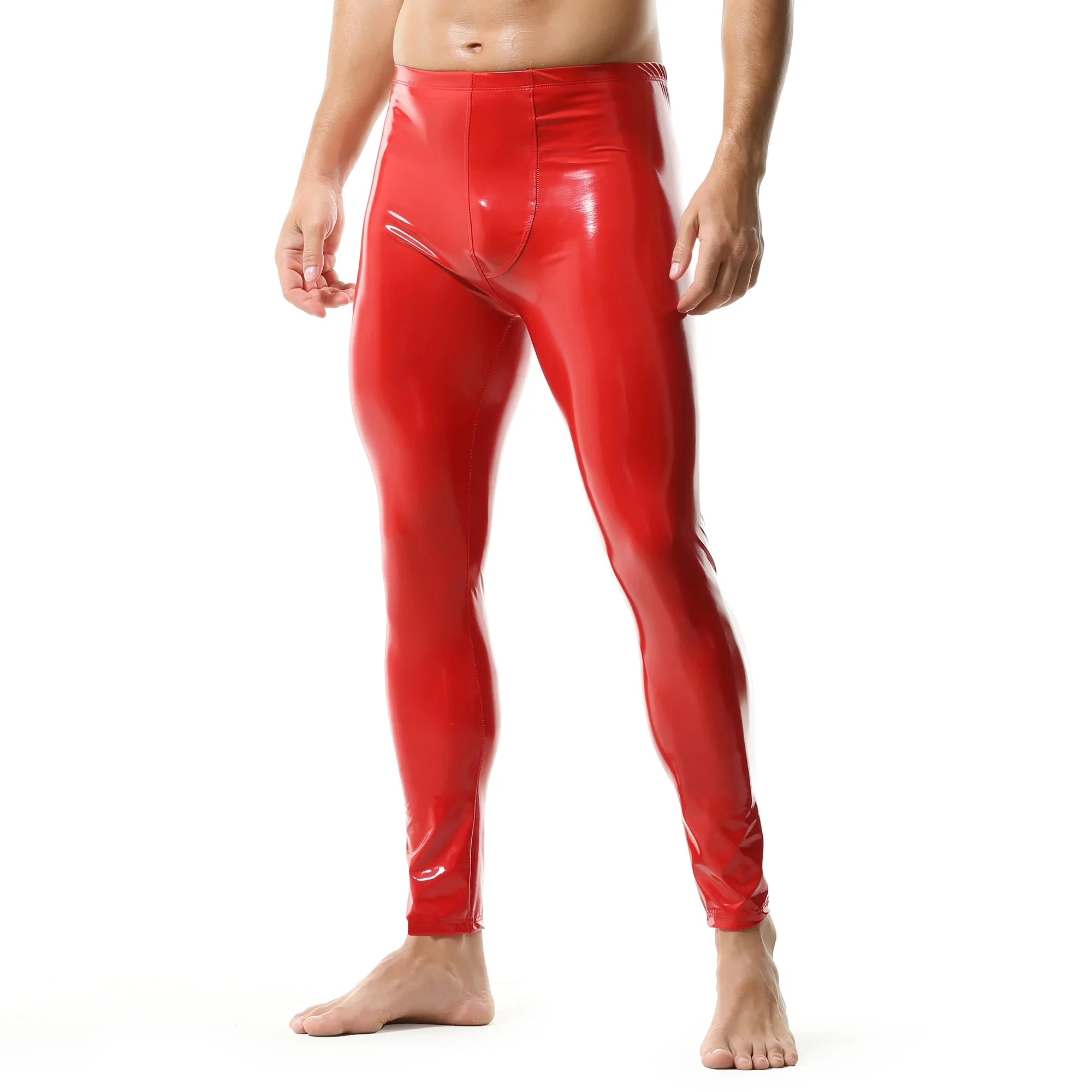 Nieuwe heren PVC lakleer leggings clubwear zwart/rood slim fit nachtclub danskostuum feestbroek motorrijden broek