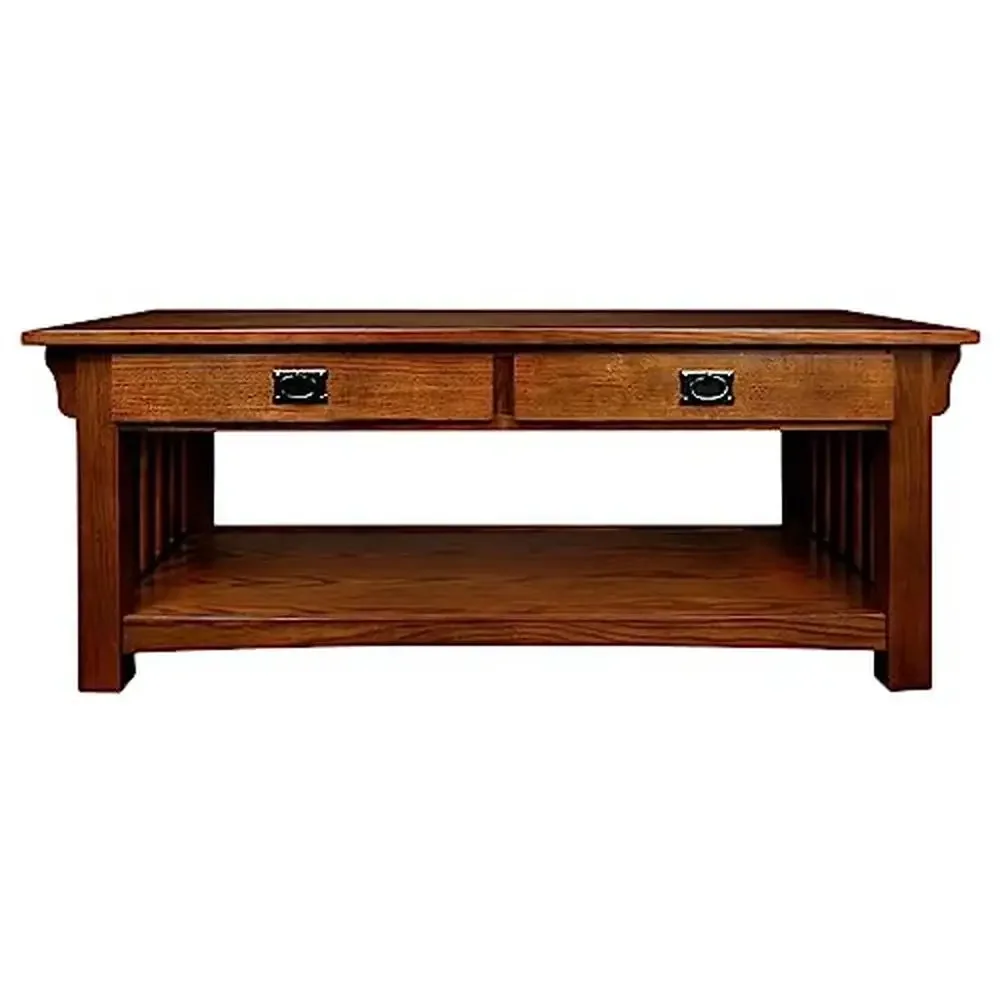 Solid Wood Mission Coffee Table with Drawers and Shelf Medium Oak Finish Traditional Design Crafted with North American Hardwood