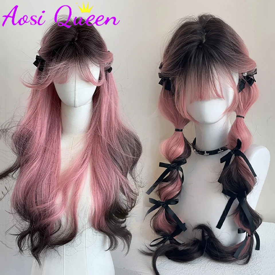 AosiQueen Black Pink Ombre Syntetyczne peruki do cosplay Długie faliste peruki warstwowe z grzywką dla kobiet Odporne na ciepło sztuczne włosy