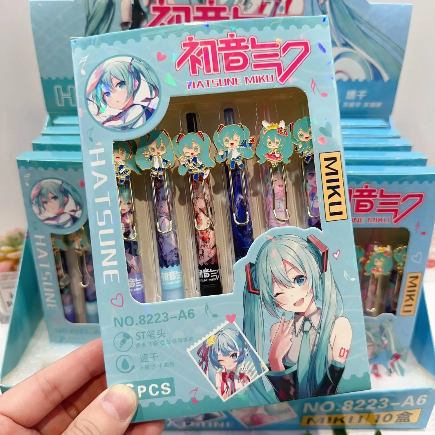 

6pcs hatsune miku metal patch neutral pen box creative cartoon black water pen anime children's stationery back to school kawaii