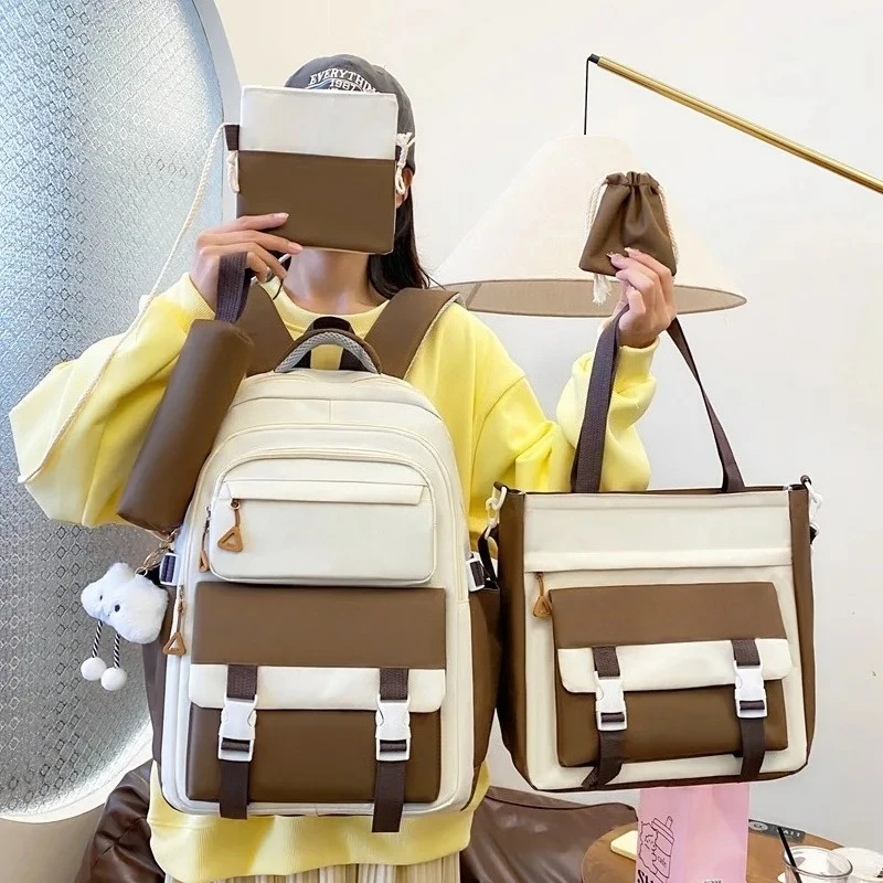 2025 Waterproof Children's Schoolbag Set for Junior and High School Students Double Oulder Bag with Five Pieces Commuter Bookbag