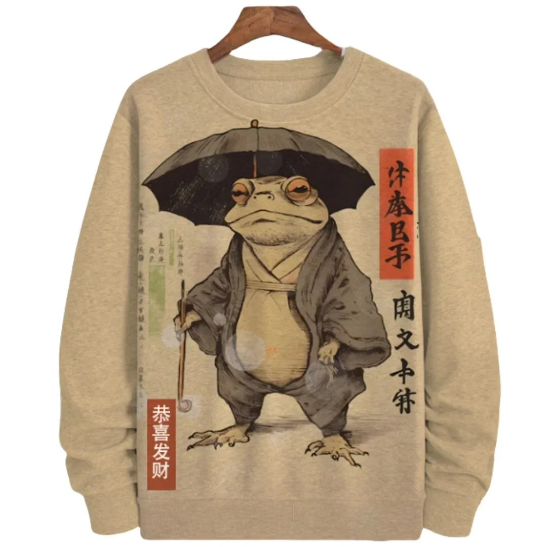 Japanese Style Frog Print Sweatshirt For Men Streetwear Round Neck Long Sleeve Pullover Casual Hooded Sweater Men Clothing 5XL