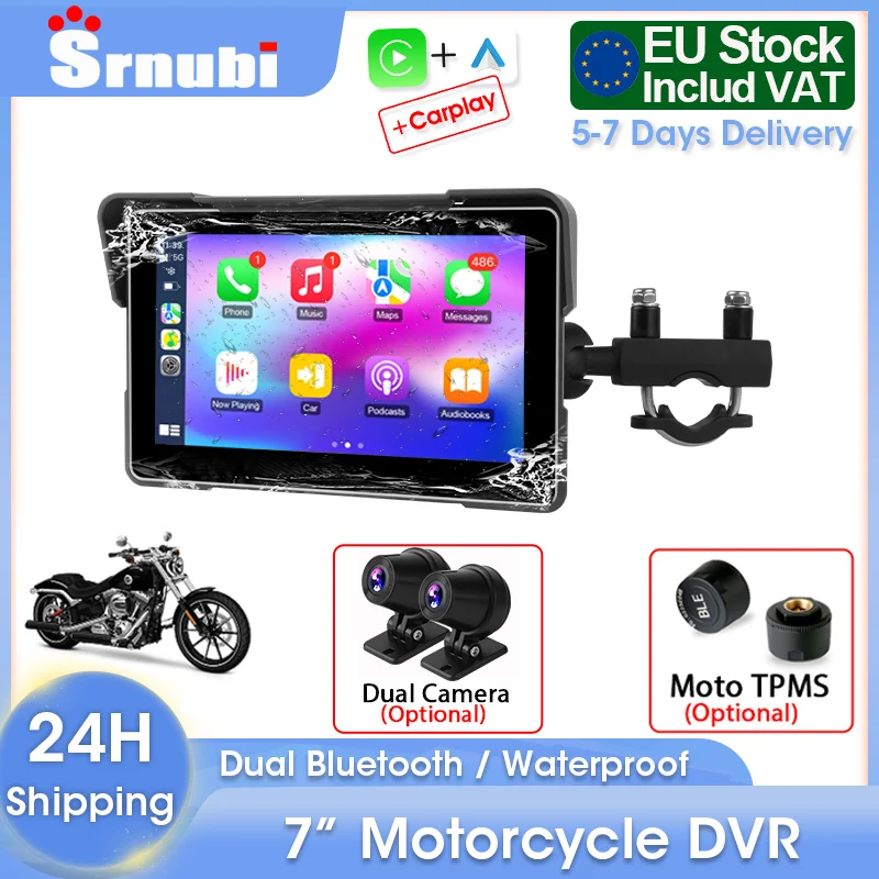 Srnubi, dash cam per moto con schermo da 7", Carplay, navigazione GPS, connettività wireless CarPlay e Android Auto, telecamera per casco da moto, accessori per moto.