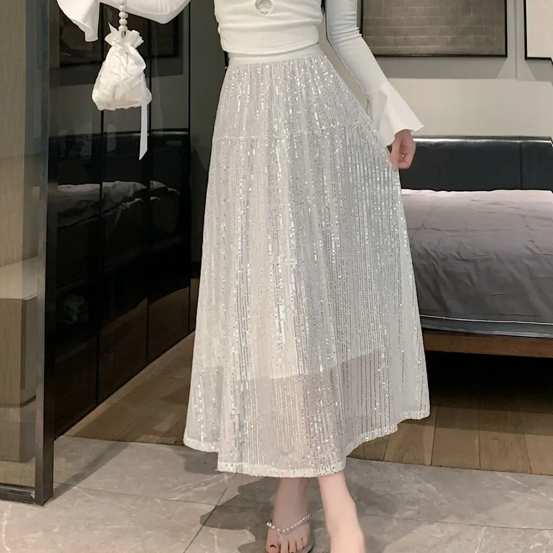 

2024 Spring Summer Women New Elastic Waist Sequin Skirt Female Solid Color Long Skirts Ladies Loose Casual A-line Skirts B84