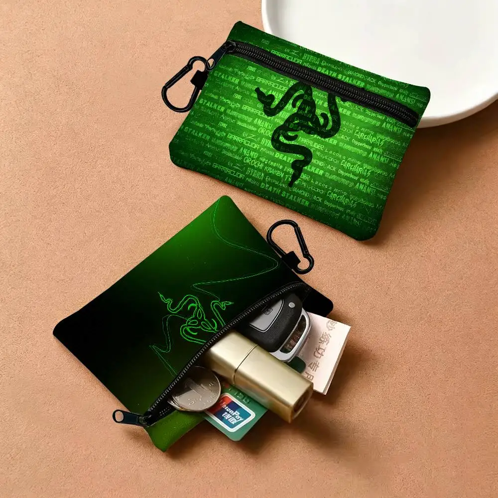 R-RAZER Logo Lightweight Oxford Fabric Coin Purse Carabiner Hook Design Mini Card Key Organizer Bag