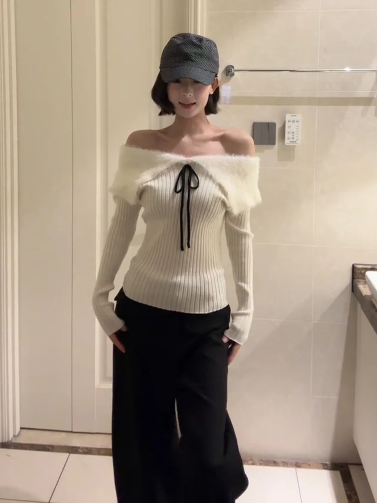 

Корейский вязаный свитер с открытыми плечами и длинными рукавами для женщин, модный облегающий топ с открытыми плечами, премиум-класс, белый цвет