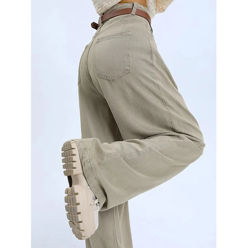 Woman High Waist Loose Wide Leg Pants Female Straight Leg Jeans Girls Fashion retro blue khaki gray light Blue Denim Trousers