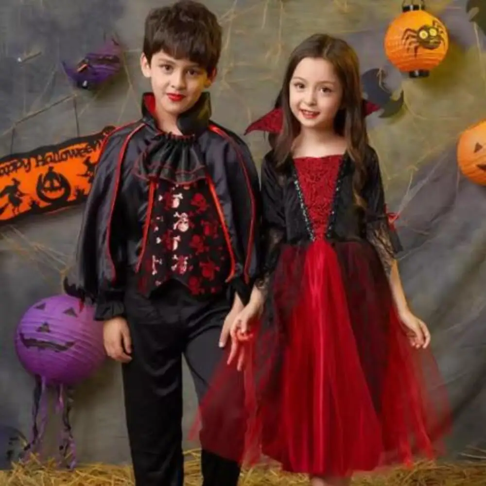 2026 Girls Cosplay Vampire Halloween Dress For Kids Ghost Bride Gothic Costume Count Vampiran Carnival Outfit Black Red Clothes