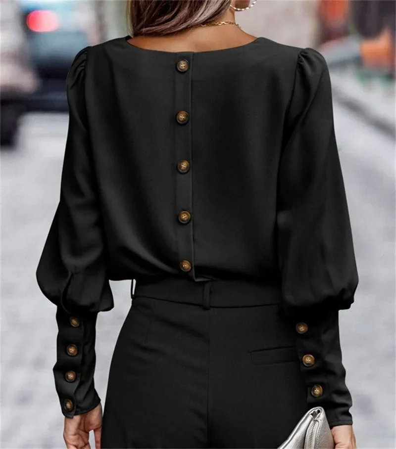 Fashion Back Single-breasted Cardigan Tops Women Elegant Solid Color Lantern Sleeve T-Shirt Female Comfortable Commuter Tees New