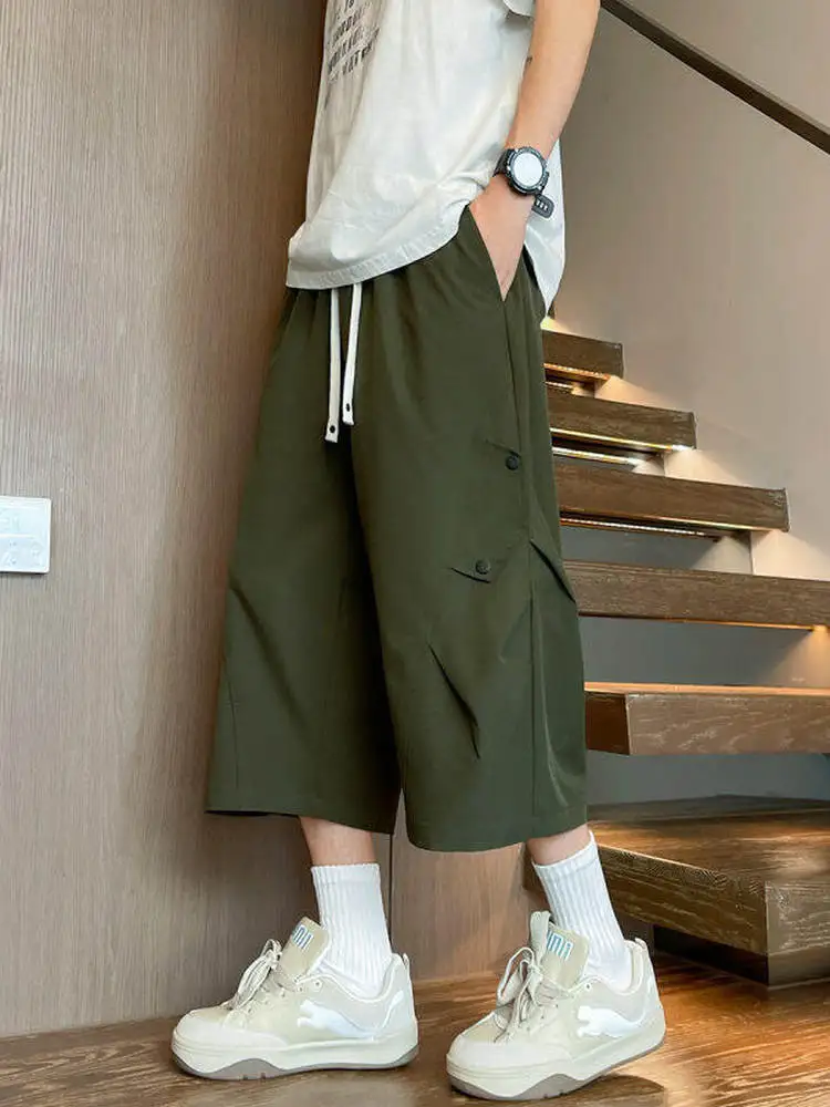 

American Style Workwear Wide Leg Seven-Foot Men's Summer Ice Silk Quick Dry Casual Pants Loose Straight Knee-Length Shorts