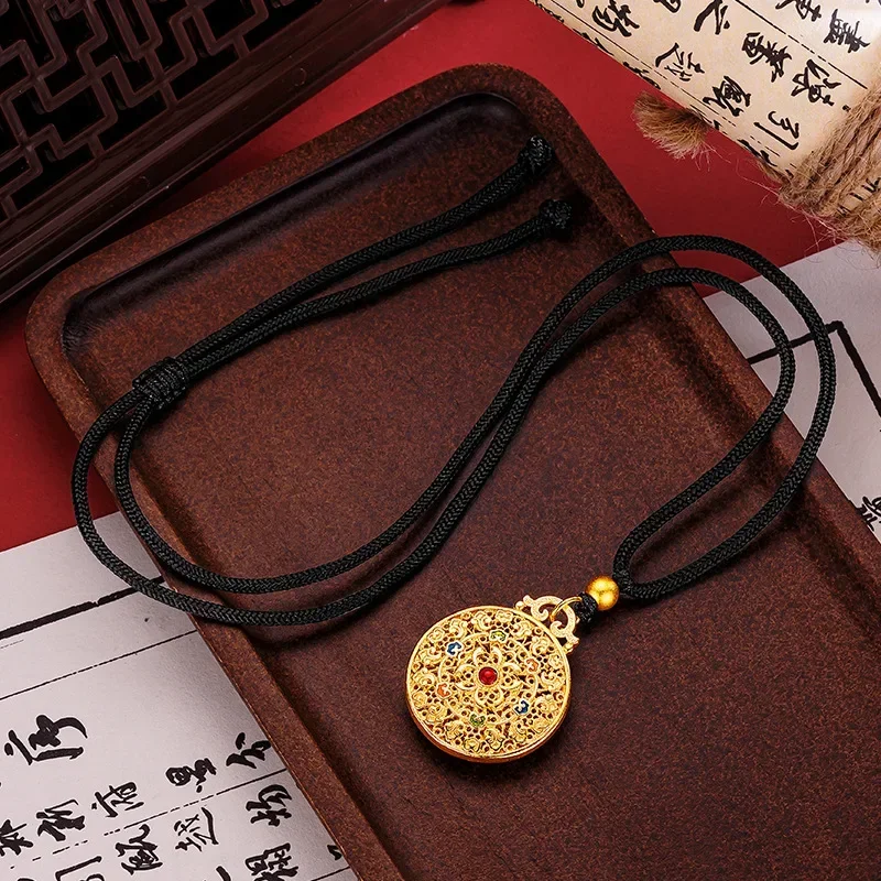 

9999 Real Gold 24K Black Rope Necklace Enamel Color Hollow Flower Silk Xiangyun Ruyi Pattern Pendant Lanyard