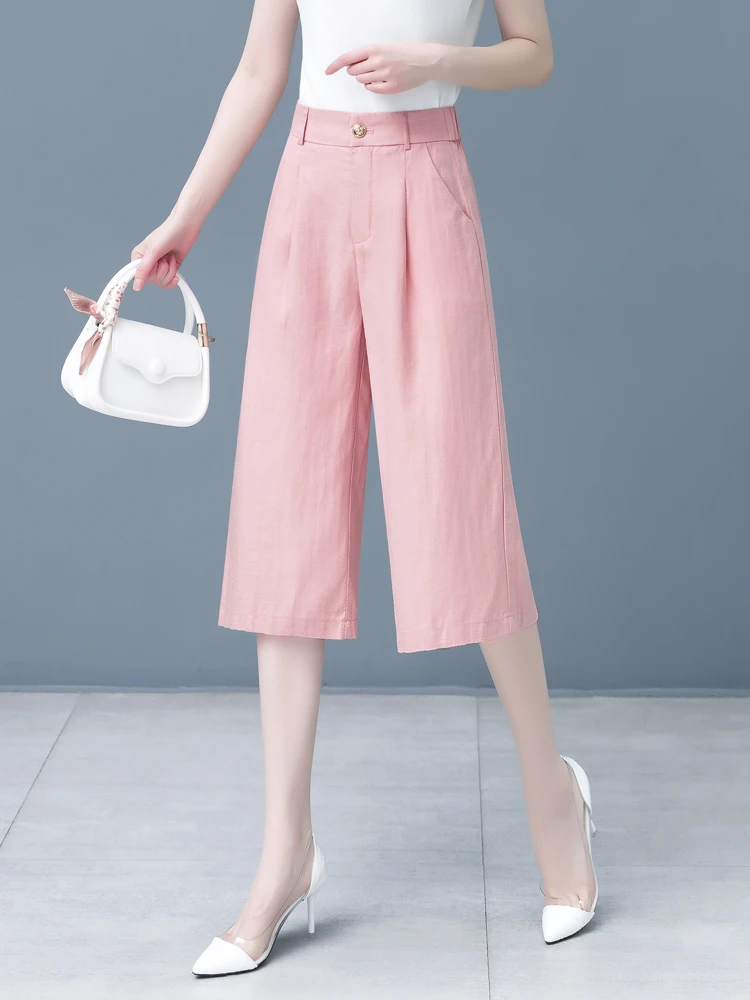 

Льняные брюки с высокой талией, широкими штанинами и средней длиной, летние, новые поступления, женские, повседневные, тонкие, удобные, дышащие