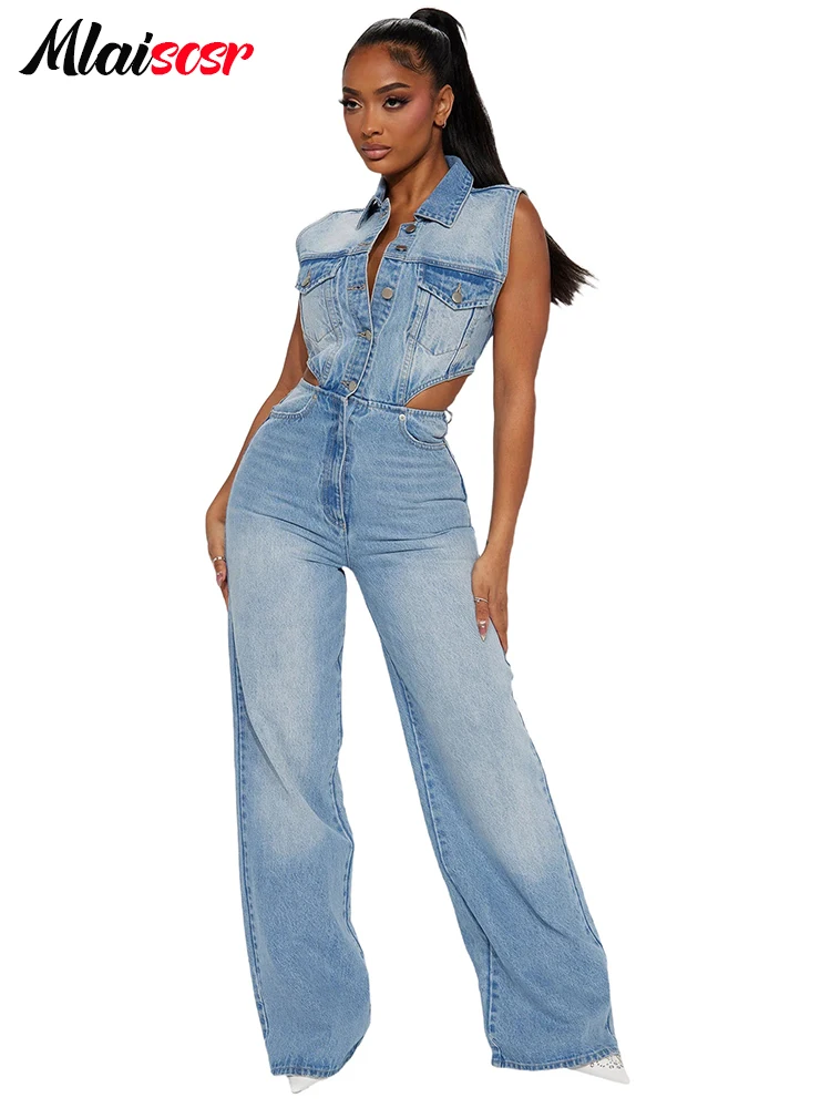 Mlaiscsr Blue Hollow Out Straight Stretch Denim Jumpsuit Women Lapel Button One-piece Pants Jeans Rompers Female Cowboy Overalls