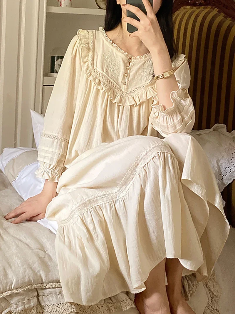 Women Pure Cotton Vintage Nightgowns Robe Ruffles Nightie Long Night Dress Victorian Romantic Princess Sleepwear Nightdress