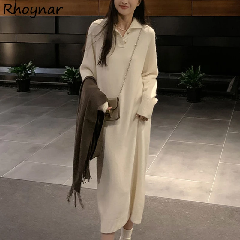 Knitting Midi Dress Women Clothing Winter Warm Minimalist 3-Colors Inside Basic Korean Fashion Gentle Cozy Lapel  Casual