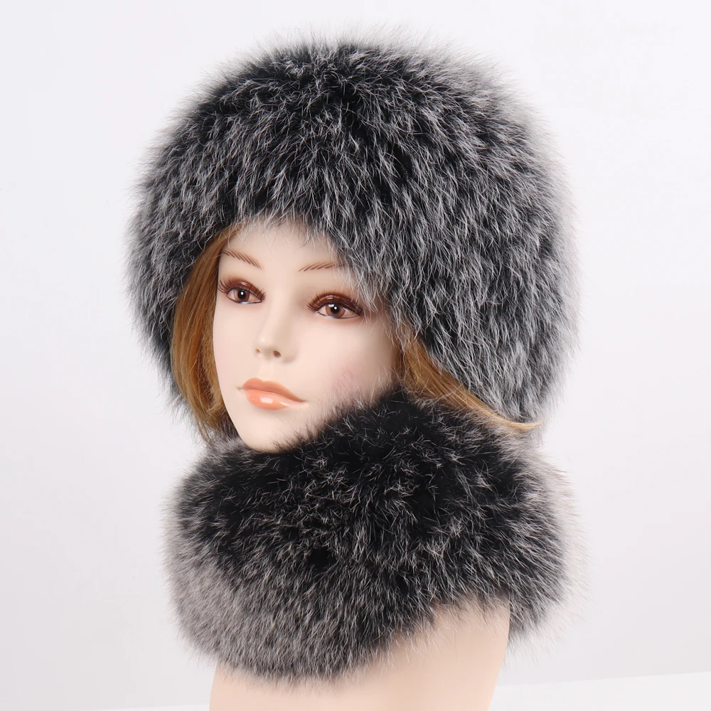 

New Fashion Girl Fur Cap Lady Winter Natural Real fox fur Fur Hat Scarf Suite Quality Women 100% Genuine Fur Hat Muffler