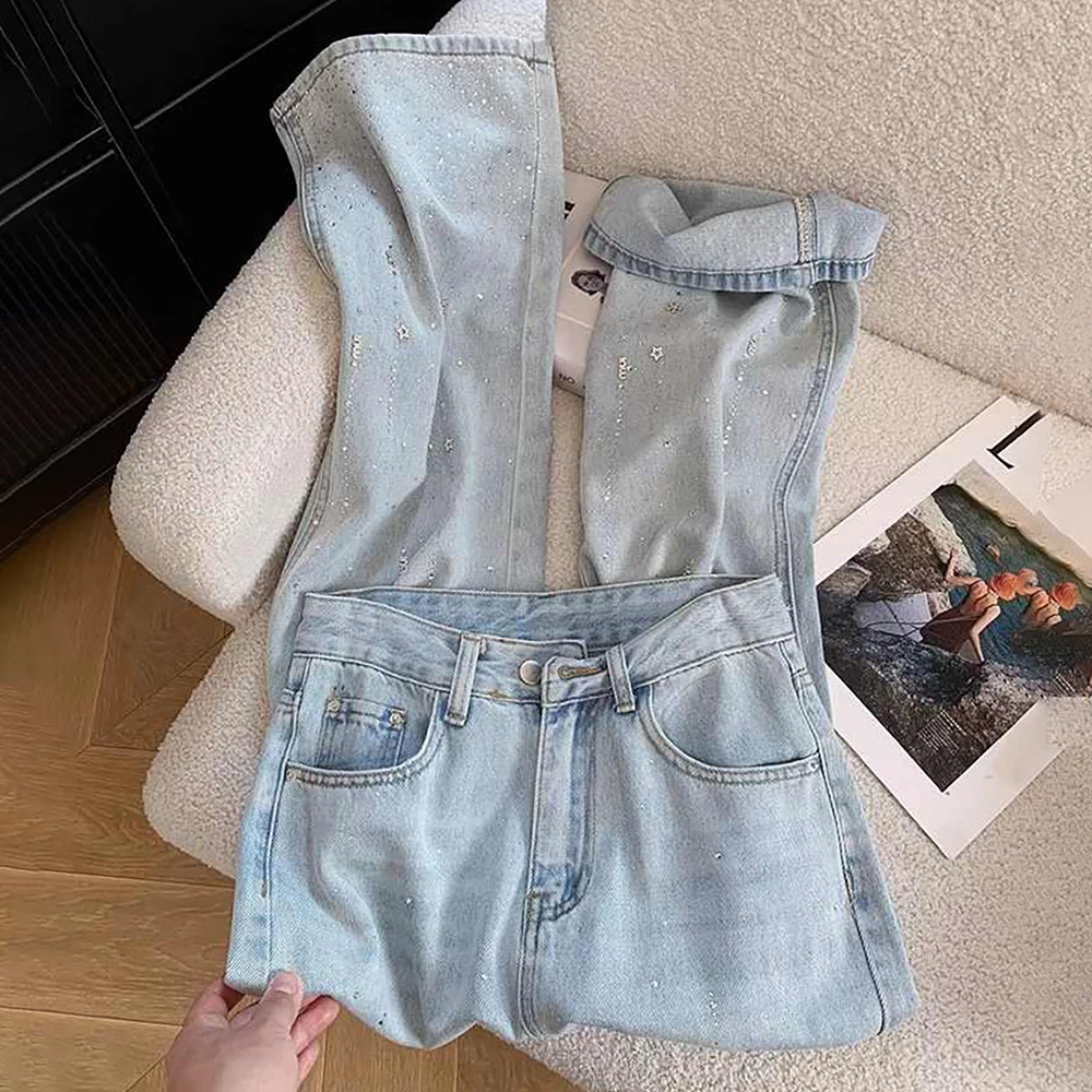Fashion Diamond Rivet Jeans for Women High Waist Straight Loose Denim Pants Casual Light Blue Wide Leg Pants Female Trousers