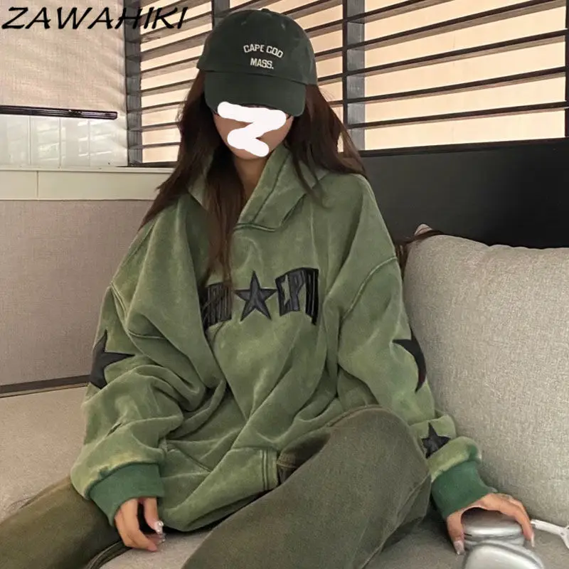 

Hoodies Women American High Street Letter Star Distressed Green Preppy Loose Oversize Vintage Casual All Match Sweatshirt Women