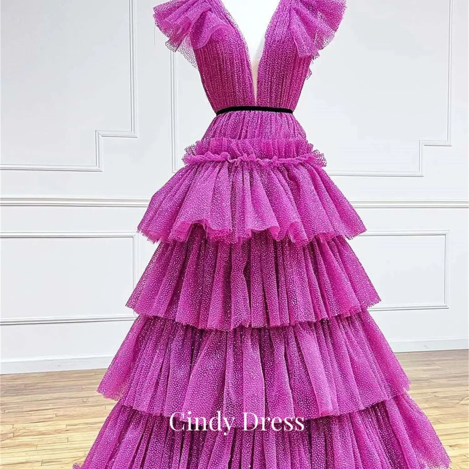 Cindy Fuchsia Shiny Layered V-Neck Sharon Happy Dress 2023 Gala Party Turkey Customs Products Women Evening Female Wedding Gown