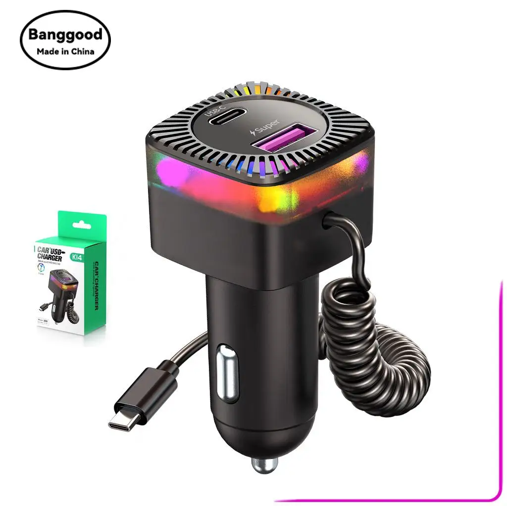 K14 Wholesale Car Mobile Phone 3-port Charger Fast Charging Car Charging with Breathing Ambient Light Telescopic Cable PD30W