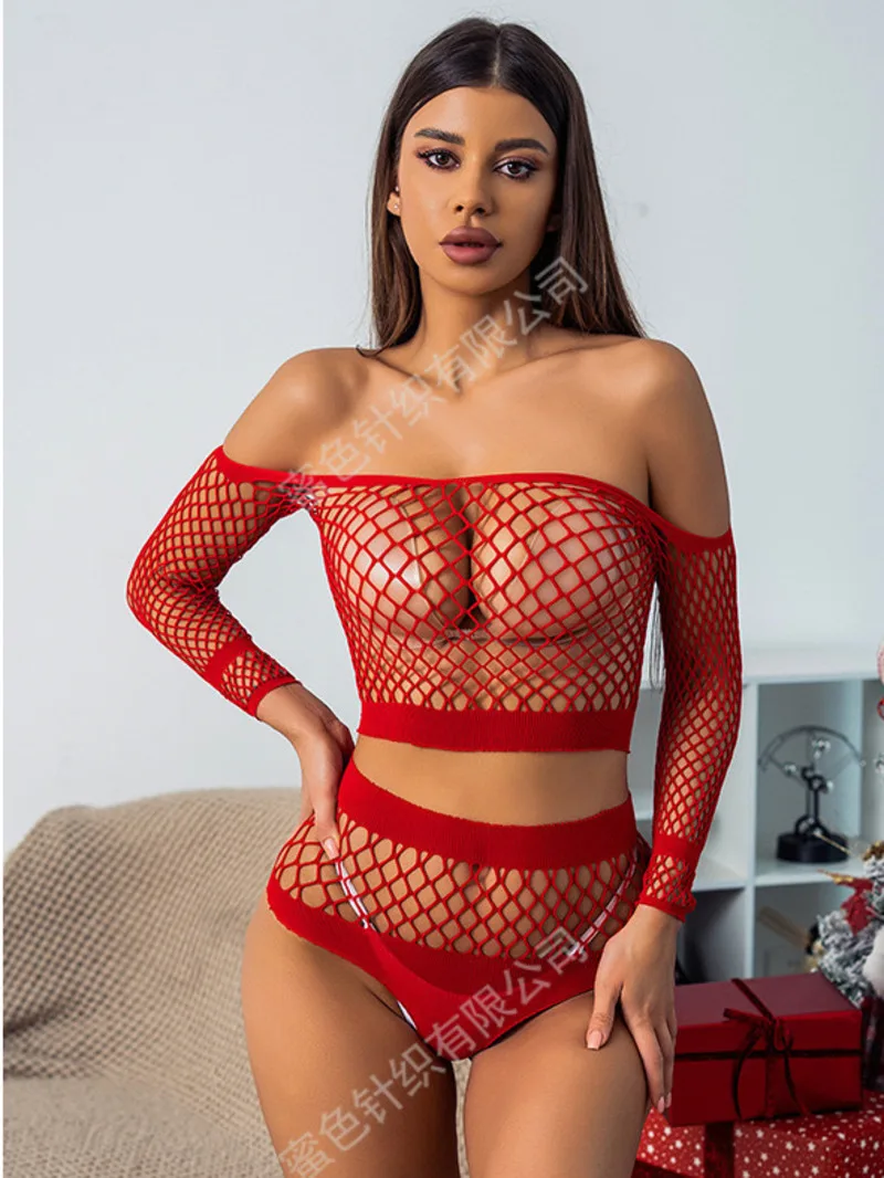 Net Sexy Fishing Hollow Out Long Sleeved Chest Wrap Backless Top And Bottom Two-piece Women Rompers Red Tight Bodysuits New DP89