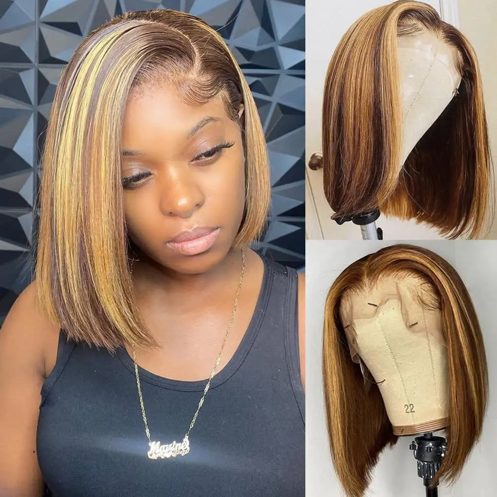 

Highlight Bob Wig Human Hair 13x4 Lace Front Wigs Frontal Short Straight Bob Wigs Human Hair Ombre Brown Honey Blonde P4/27